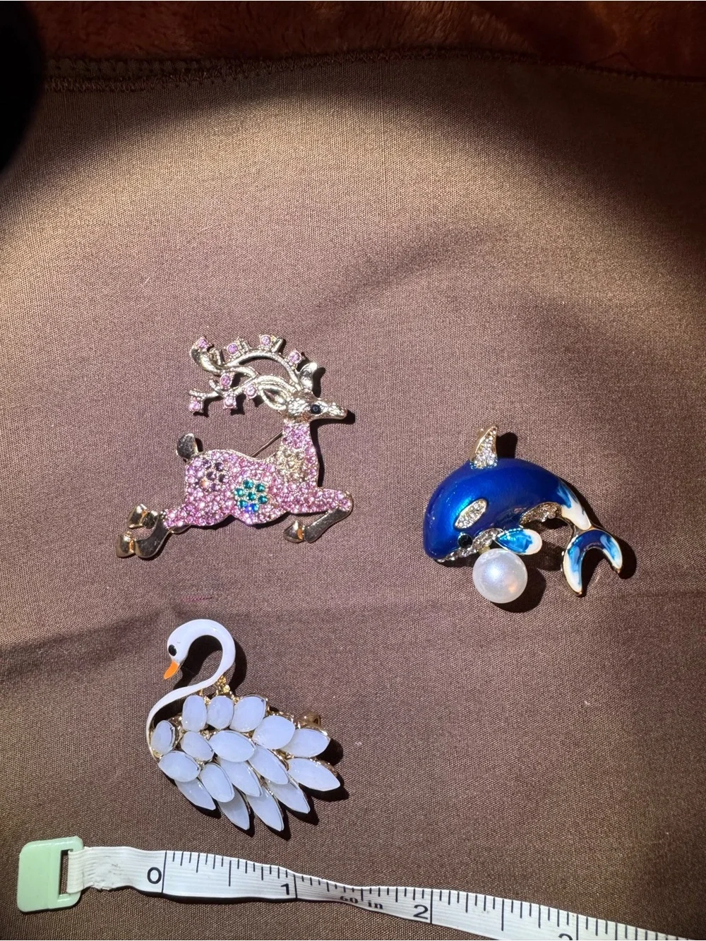 Set of Animal Brooches - Pink Reindeer, Blue Dolphin, White Swan